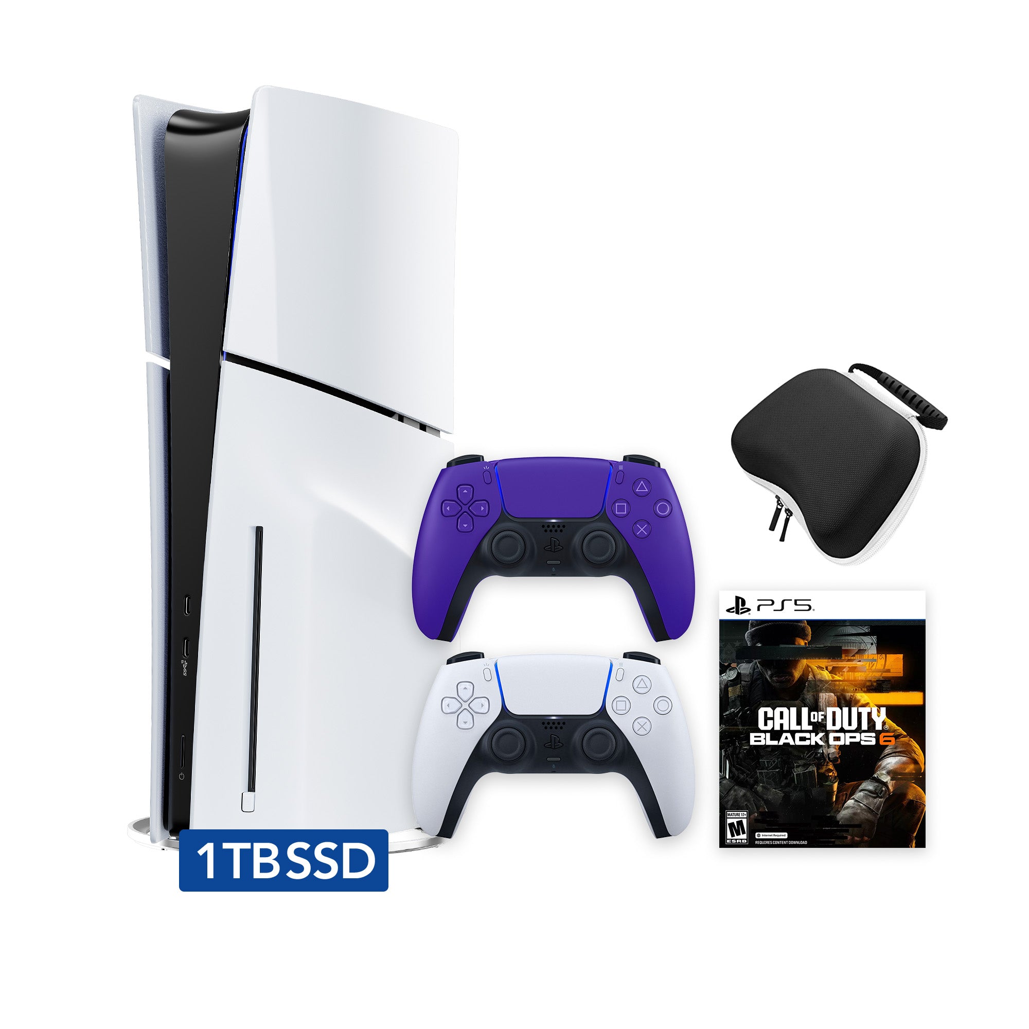 PlayStation 5 Slim Disc 1TB SSD Call of Duty Black Ops 6 Bundle with Two Controllers, White and Galactic Purple DualSense, Hard Shell Protective Controller Case - PS5 Slim Disc Edition PlayStation 5 Slim Disc 1TB SSD Call of Duty Black Ops 6 Bundle with Two Controllers, White and Galactic Purple DualSense, Hard Shell Protective Controller Case - PS5 Slim Disc Edition